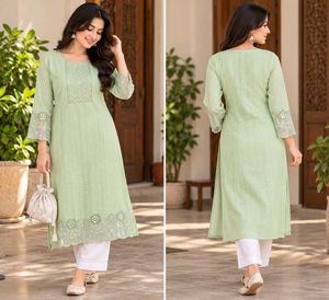 Pastel Green Embroidered Kurti | Elegant Long Stra