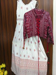 White Kurta Set with Maroon Jacket