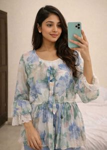 Floral Print Top with Lace Trim