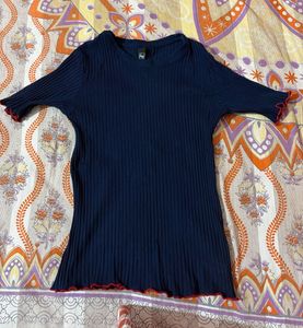 Navy Blue Ribbed Lettuce Trim Top