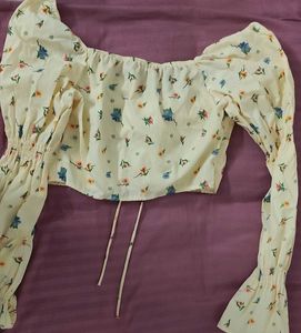 Cute Cream Floral Puff Sleeve Cropped Top🥠🍦