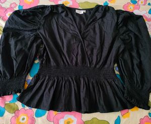 Chic Black Peplum Top with Puff Sleeves