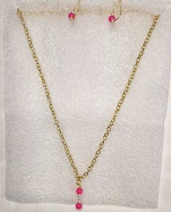 Gold Chain Necklace with Pink Beads & Earrings
