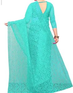 Stunning Teal Lace Saree with Pearl Embellishments