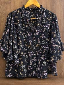 Sheer Floral Print Button-Up Blouse