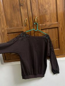 Brown Lace Shoulder Sweatshirt