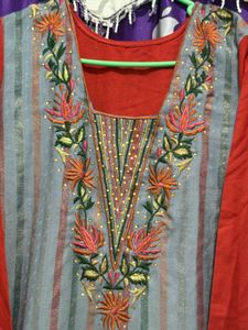 Red Grey Embroidered Suit Set