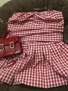 Red Gingham Off-Shoulder Dress with cute Handbag