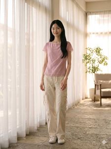 Pink Sheer Organza Top with Pearl Neckline | Size