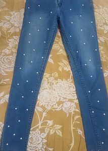 Pearl Embellished Blue Denim Jeans
