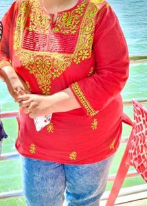 Red Embroidered Lucknowi Chikankari Kurti