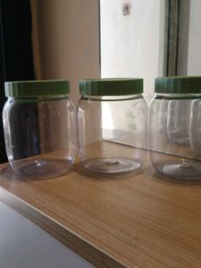 Set of 3 Clear Plastic Jars with Green Lids