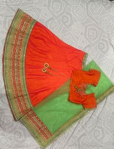 Peach and Green Embroidered Lehenga Set (Size 2XL)