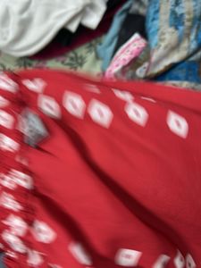 Vibrant Red Saree with White Block Print
