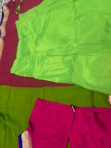Pink &amp; Green Saree With Bluse And Petticoat