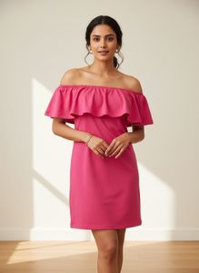Ruffle Off-Shoulder Pink Dress