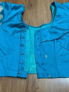 Teal Silk Blouse with Gold Print
