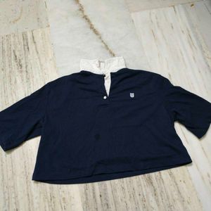 Navy Blue Collared Crop Top