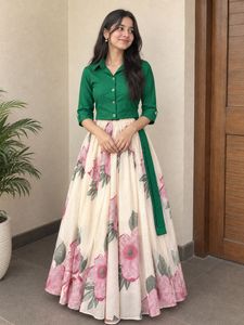 Stylish Green Crop Top & Floral Skirt Set