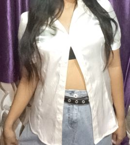 Selling A Cute  Korean White Colour Satin Shirt
