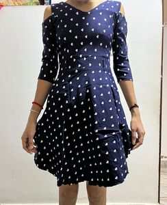 Navy Blue Heart Print Cold Shoulder Dress
