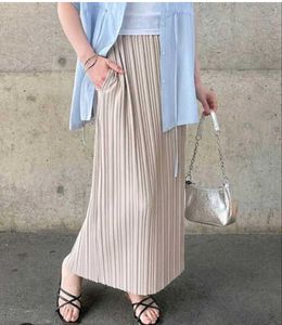 beige pleated maxi skirt with elastic waiste bandh