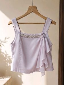 Women's Light Grey Pearl Embellished Crop Top