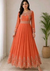 Elegant Orange Embroidered Anarkali Gown