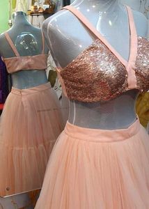 Peach Sequin Crop Top &amp; Tiered Skirt Set