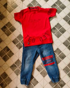 💥Combo kids Red T-Shirt & Denim Set