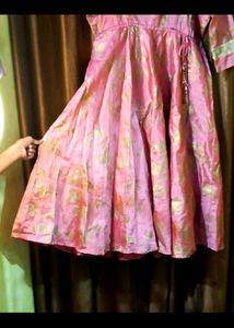 Pink Flared Kurta with Gold Print