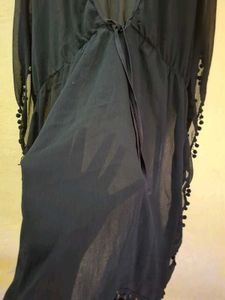 Sheer Black Cover-up kaftan with Pom-Poms