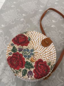 Round Woven Crossbody Bag with Floral Embroidery