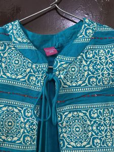 Ferozi blue jacketed kurta with beautiful print