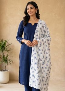 Navy Blue Kurta Set with White Dupatta