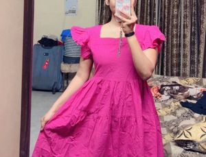Fuchsia Pink Tiered Square Neck Dress