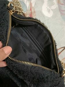 Black Faux Fur Sling Bag with Gold Chain