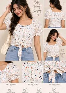 Cute Floral Print Puff Sleeve Top 30"-34"