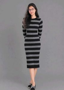 Striped Long Sleeve Midi Wollen Dress