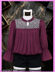 Elegant Pleated Purple Top with Lace Yoke