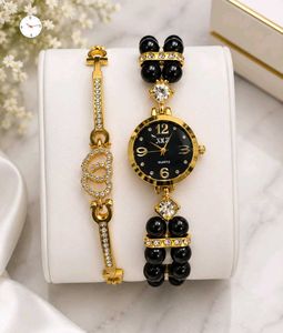 Elegant Gold Pearl Watch &amp; Bracelet Set
