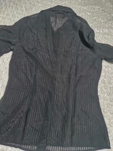 Chic Black Sheer Striped Button-Up Shirt