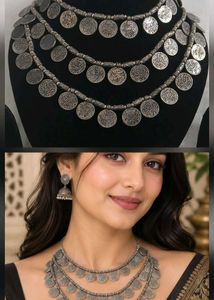 Oxidized Silver Coin Necklace Set