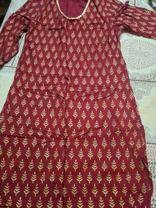Maroon & Gold Leaf Print  cotton Kurta set