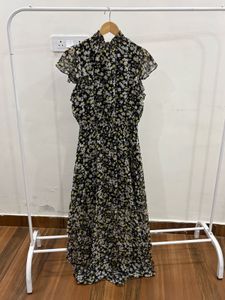 Yellow Ditsy Floral Layered Cut Maxi Dress