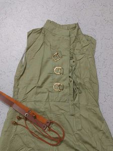 Stylish Olive Green Dress with Belt