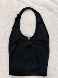 Black Halter Zip Crop Top
