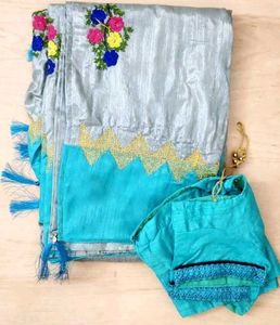 Embroidered Grey &amp; Teal Saree