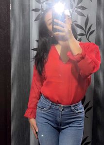 Chic Red V-Neck Sheer Sleeve Top