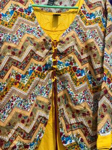Yellow Kurta Set with Printed Jacket